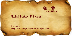 Mihályko Miksa névjegykártya